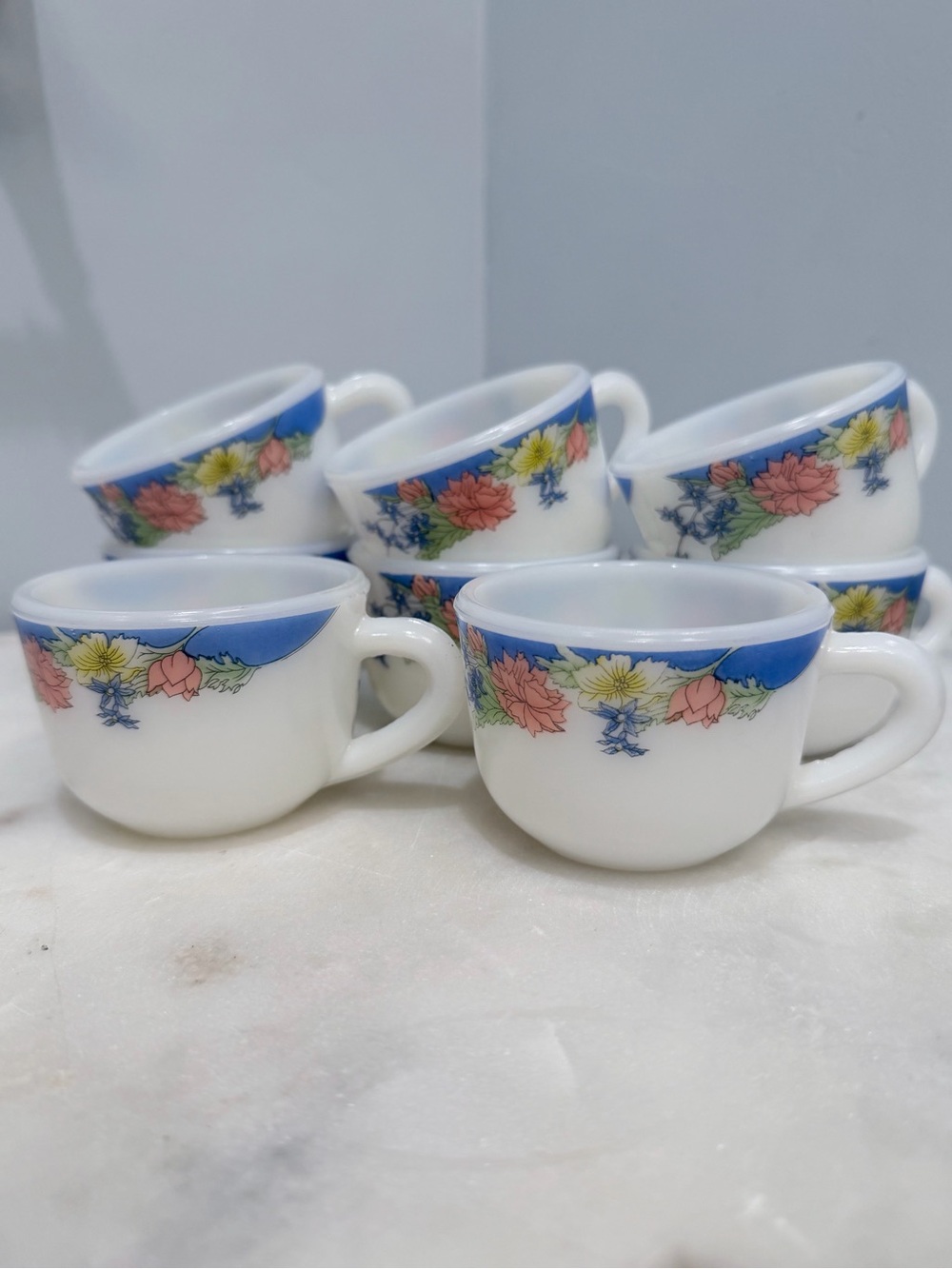 Vintage 90s Duropal French Opal Glass Teacups Set 7 Floral Blue Rim Coffee Cups - Picture 13 of 13